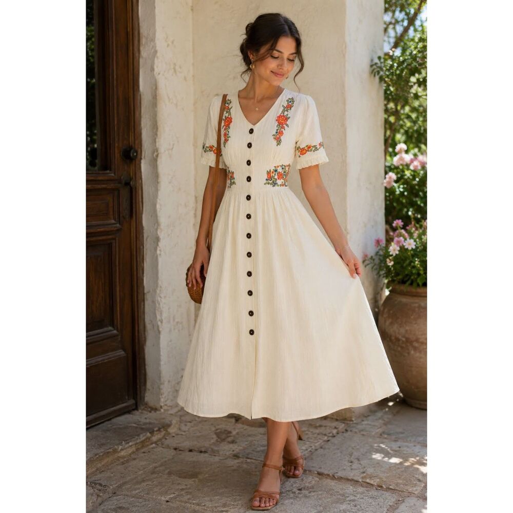 Cream Floral Embroidered Cottagecore Midi Dress S/M